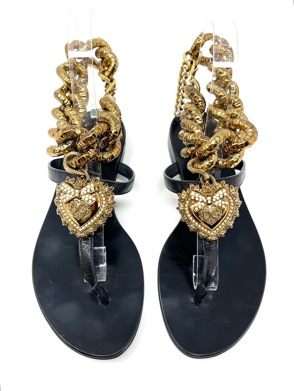 Dolce & Gabbana Devotion Flat Thong Sandals Black Leather Gold Chain Link 37 7